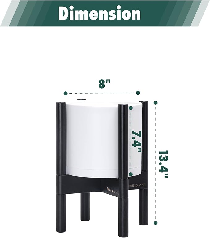 D'vine Dev Planter Pot with Stand - 8 Inch Plastic Cylinder Flower Pot with Wood Planter Holder for Indoor, Matte White Pot + Ebony Stand, 55-C-K-1