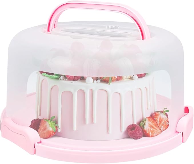 Cake Carrier with Lid and Handle, Fit 10’’ Cake Stand with Lid, Cake Transport Storage Container, Cake Containers Cover Stand with Lids, 3 Secure Side Closures (Pink)