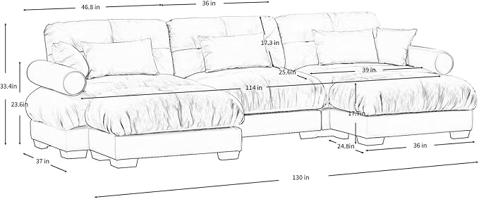 130" Oversized Couch, 3 Seater Modular Sectional Sofa, Camel Large U Shaped Sectional Couches for Living Room, Fluffy Couch Set, 3 Seater, Velvet Cloud Couch with Ottoman, Sofas for Living Room