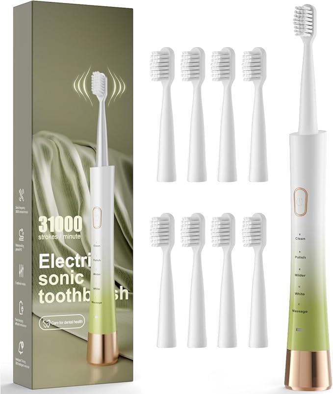 AJELU Upgrade Sonic Electric Toothbrush for Adults, 8 Replacement Brush Heads, Rechargeable Electric Toothbrush with 2-Minutes Timer IPX7 Water-Proof, for Indoor & Outdoor, White & Green Gradient