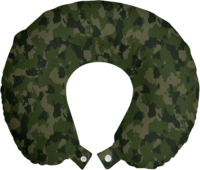 Ambesonne Camouflage Travel Pillow Neck Rest, Simplistic Design Woodland Camo Pattern in Green Tones, Memory Foam Traveling Accessory for Airplane and Car, 12", Evergreen Dark Sepia