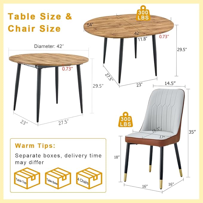 Round Dining Table Set for 4, 42"-54" Extendable Dining Table Set for 4, 0.73" Thick Wood Tabletop with Smooth Edge, Black Metal Leg with Non-slip Footmat, 4 Soft PU Chairs, Small Space, Easy Assembly