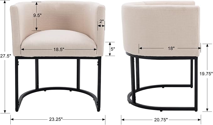 Linen Fabric Dining Chair Modern Barrel Arm Chairs with Black Frame Upholstered Kitchen Chairs 18.5" Wide Accent Chair for Living Room Dining Room Restaurant, Cream