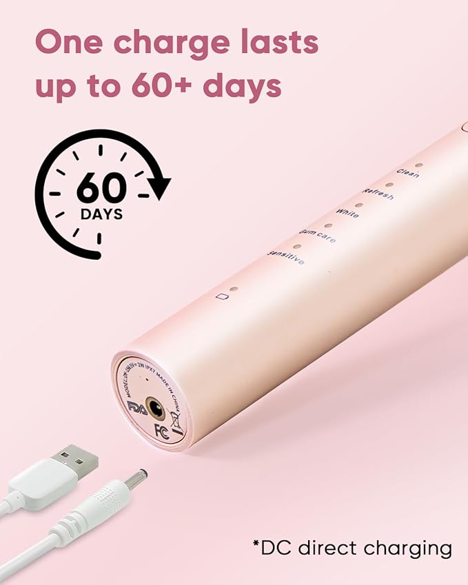 MySmile DY156 Electric Toothbrush for Adults, Rechargeable Sonic Battery Toothbrush Portable with 3 Brush Heads, 2 Mins 5 Modes Smart Timer, 45000VPM, One Charge for 60 Days - Pink