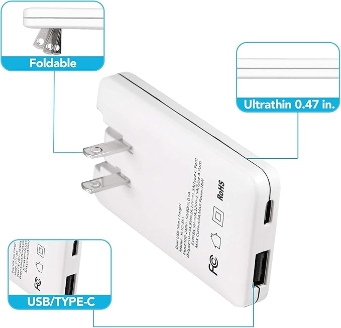 Top-Up 30W Dual Port USB Charger for USB A &amp USB C Devices with Ultra-Thin 30Watt USB C Charger Slim &amp Foldable Plug Charger (White)
