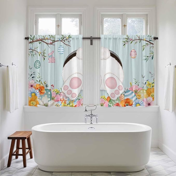 Easter Bunny Kitchen Tier Curtains 45 Inch Long 2 Panel Set, Rod Pocket Short