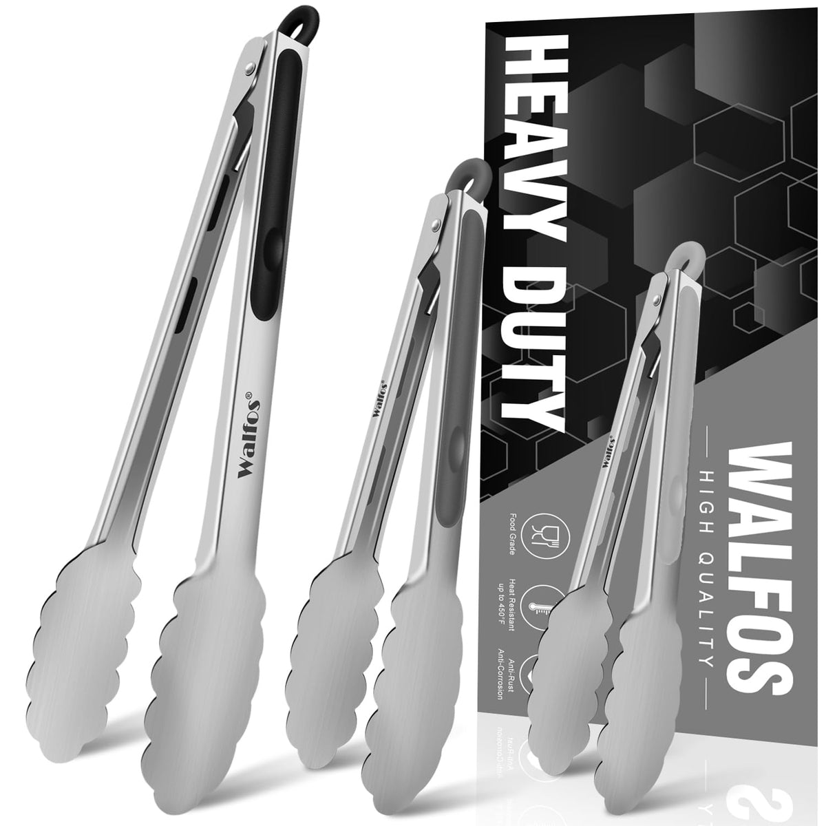 Walfos tongs for cooking, All Metal Kitchen Tongs 600℉ Heat Resistant, Heavy Duty Locking Tongs 2-piece 12 Inch
