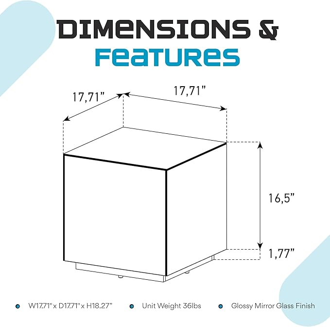 SONOROUS Premium Tempered Glass Side Table - Luxury Nightstand & Bedside Table for Bedroom or Living Room - High Gloss End Table in Mirror Finish - Sleek Cube Design with Fingerprint Resistant Glass