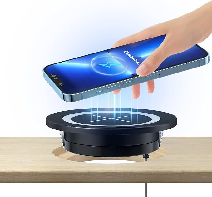 Desk Wireless Charger JE Make IT Simple Desktop Grommet Power Wireless Charging Pad for iPhone 16/15/14/13/12 Series Samsung Airpods and All Phones with Wireless Charging (Black)