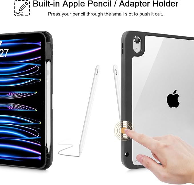 Tuiklol Case for iPad Air 11 Inch M4 2026 / Air 11 Inch M3 2025 / Air 11 Inch M2 2024 / iPad Air 10.9 Inch 2022 2020 Buit in Pencil Holder with Shockproof Cover Clear Transparent Back Black Flower