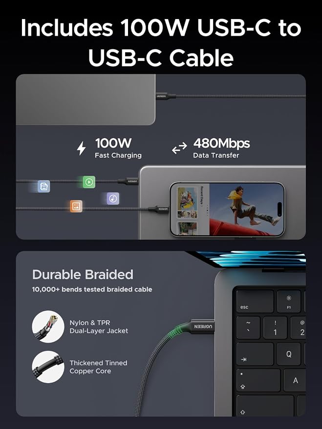 UGREEN Nexode Air 100W Wall Charger Block with USB C Cable Compact Foldable GaN Fast Charging PD Type-C Charger Compatible with MacBook iPhone 17 Pro Max Galaxy Grey