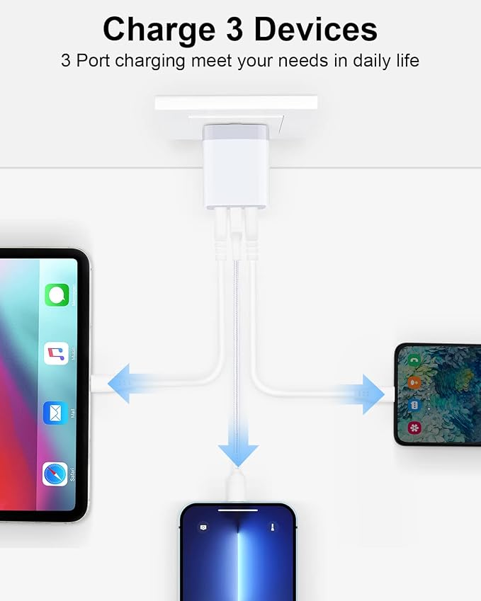 Wall Charger AILKIN 3.1A MultiPort Fast Charger Plug Travel Home Power Adapter Quick Charging Block Base Boxed for iPhone 15 14 13 12 11 10 8 7 Pro Max Mini Samsung Galaxy Pixel Kindle USB Brick