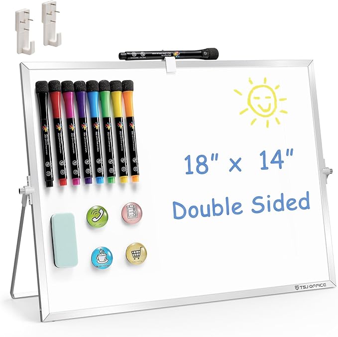TSJ OFFICE Small White Board - 18 X 14 Inches Small Magnetic Dry Erase Board with Hooks for Wall, Desktop Whiteboard Stand 360 Degrees Revolving Double Sided for Office, Home, School, Silver