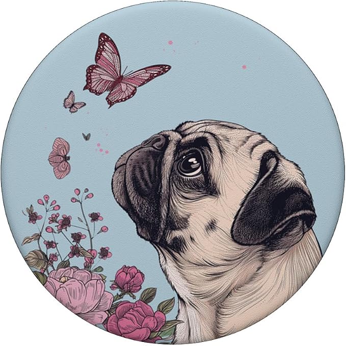 Pug Butterfly Cute Dog Flowers Cute Pug PopSockets Adhesive PopGrip