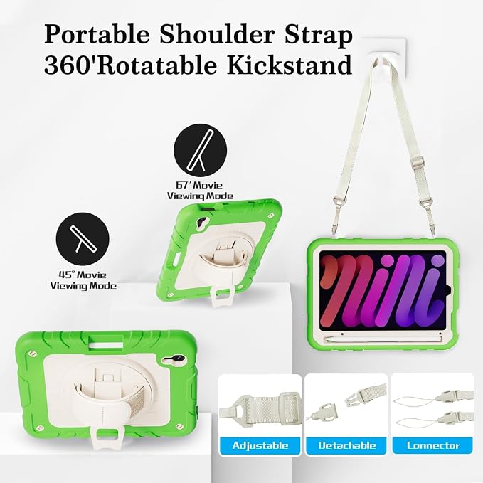 for iPad mini 7 A17 Pro/iPad mini 6 8.3 Inch Case iPad mini 7th/6th Generation Case (2024/2021) with Pencil Holder/Kickstand Hand Strap/Shoulder Strap Black