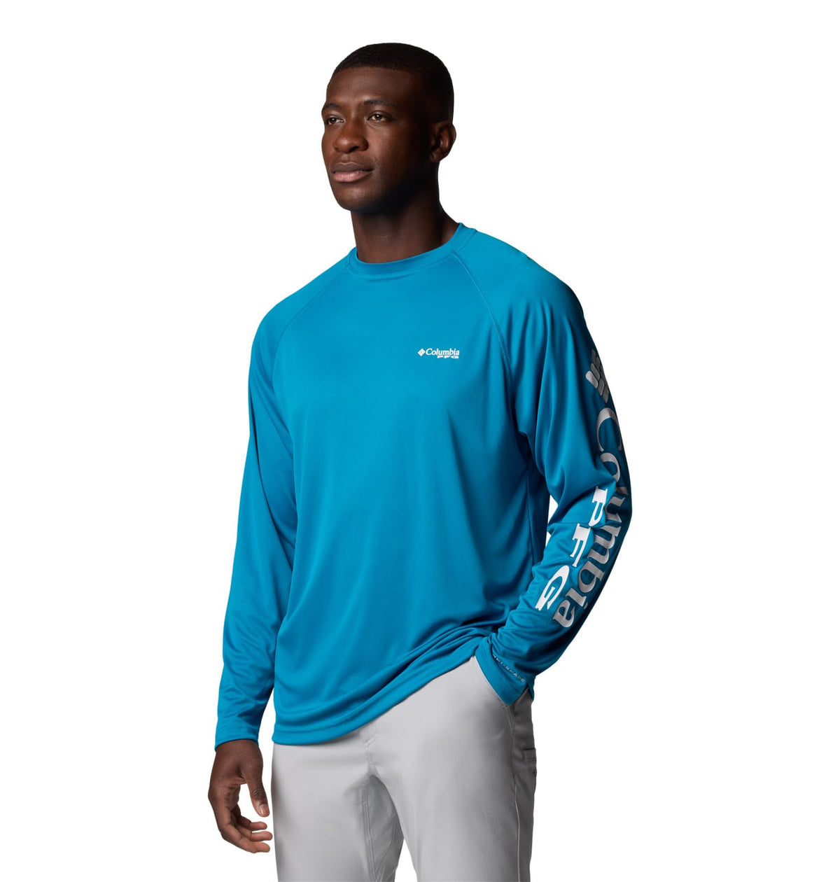 Columbia Men's PFG Terminal Tackle Long Sleeve Fishing Shirt, Blue Echo/White Logo, 4X Tall