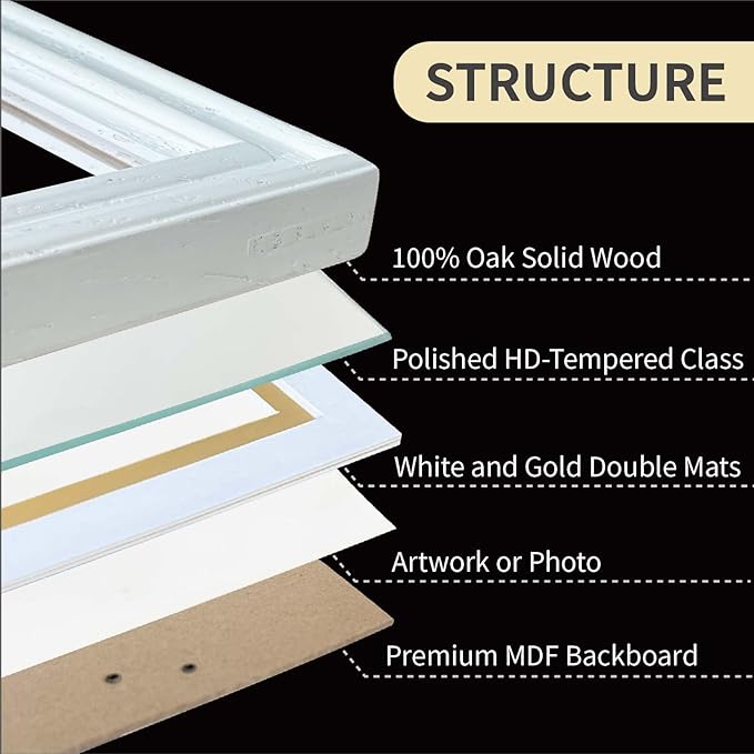 8x10 Picture Frame for Wall or Tabletop Oak Wood, 5x7 Picture Frame with Mat,8 x 10 Premium Photo Frame with Real HD Tempered Glass,Ideal for Home Decor, Art Gallery,White, 1 Pack