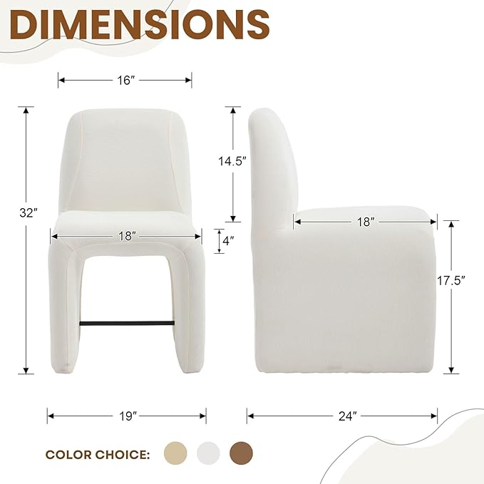 White Upholstered Chenille Dining Chairs Set of 6, Mid Century Modern Dining Room Chairs with Deep Seat & Curved Back, Armless Side Chair Comfy Kitchen Chairs for Living Room/Kitchen