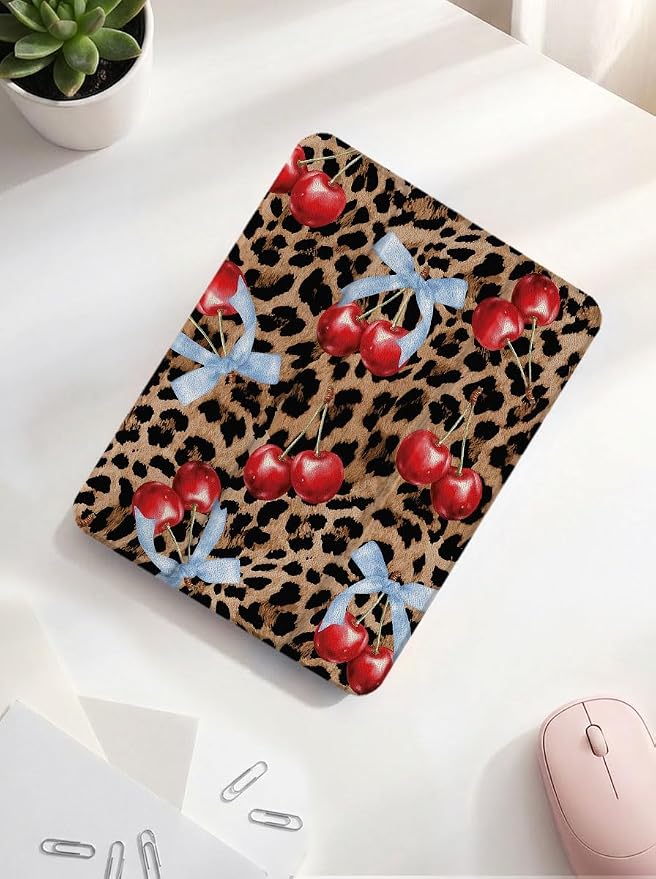 Case for iPad 9th/ 8th/ 7th Generation Case 10.2&amp10.5 Inch (2021/2020/2019 Release) Slim Lightweight Soft Trifold Back Cover with Pencil Holder &amp Auto Sleep/Wake Cover Cherries Cheetah Bows