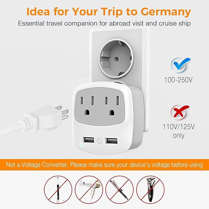 TESSAN Germany France Power Adapter, Schuko Type E/F Plug Adaptor with 2 USB Ports 2 AC Outlets, US to Europe German Frence Spain Iceland Russia Greece Korea Electrical Charger(2 Pack)