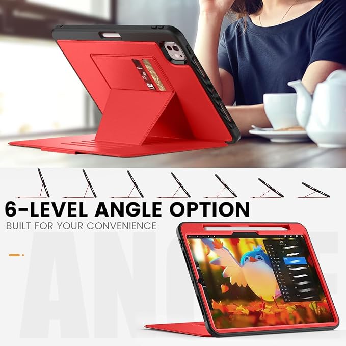 for iPad Pro 11 inch Protective Case M5 2025/M4 2024: Heavy Duty Shockproof Case with Pencil Holder - 360°Rotating Handle/Stand - Screen Protector - Shoulder Strap Black/Sky Blue