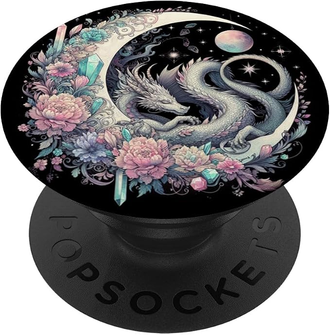 Pastel Goth Celestial Crystal Dragon On Crescent Moon Galaxy PopSockets PopGrip for MagSafe