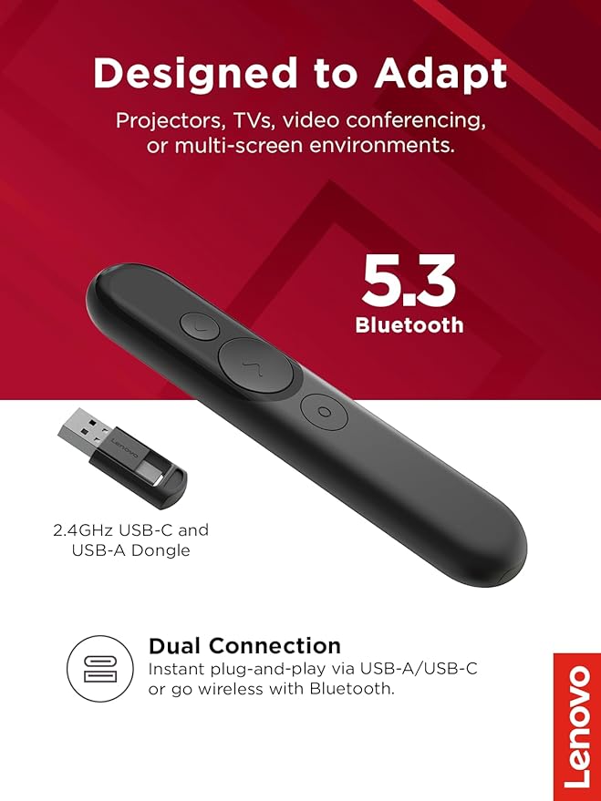 Lenovo Laser Rechargeable Presentation Remote, Bluetooth & USB, Digital & Laser Pointer, LCD Screen, Rechargeable Battery, 30M Range, Black, 500mm Cable Length