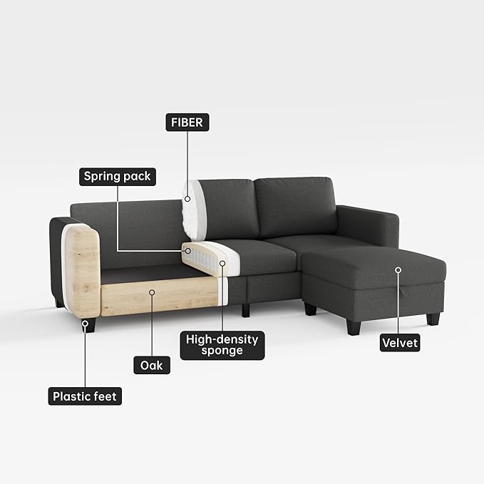 Youmumeub Sectional Sofa Couches for Living Room - Small Living Room L Shaped Pet Friendly Modular 3 Seater Couch-Convertible Washable Covers Suitable for Apartment Bedroom Office-Dark Gray Linen
