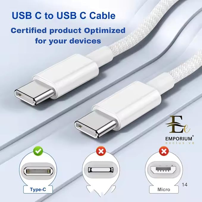 Emporium | 20W Power Charge USB C Cables and Wall Charger Kit | 3ft White USB C to C Charging Cable