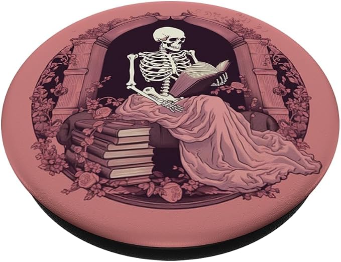Librarian Skeleton Gothic Goth Book Reading Lover Pink PopSockets Adhesive PopGrip