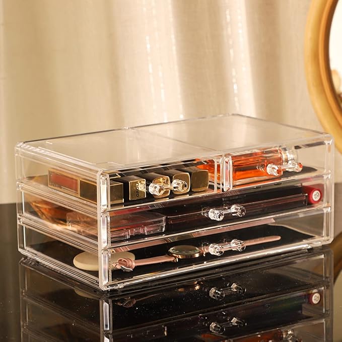Cq acrylic 2 Pack Clear Make Up Organizer Countertop,Stackable 4 Drawers Makeup Storage,Cute Vanity Organizers for Dresser Hair Clip,Jewelry,Beauty Product Desk and Bathroom Organizers and Storage