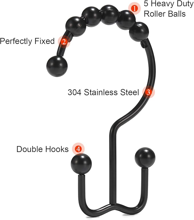 Shower Curtain Hooks, Goowin Shower Curtain Rings, Stainless Steel Black Shower Curtain Hooks, Shower Curtain Rings Rust Proof, Free Sliding Double Shower Hooks for Shower Curtain & Liners (Black)