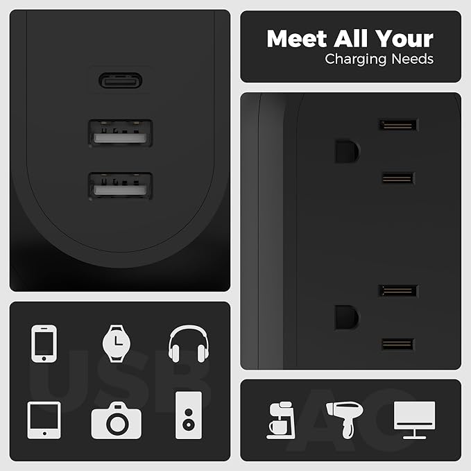 TESSAN Surge Protector Power Strip Tower with 3 USB Ports 11 Outlets, 1625W/13A, Black Extension Cord 6 Feet, 1050J Protection Desktop Charging Station for Office School Dorm Room Essentials