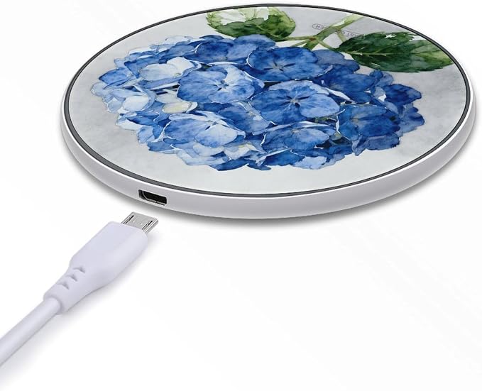 Blue Hydrangea Wireless Charger with Aluminum Alloy Frame Qi Certified Fast Wireless Charging Pad 10W Charging Station Portable Phone Charger for All Wireless Charging Phone
