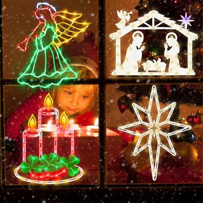 Christmas Decorations - 16" Christmas Window Silhouette Lights - 4 Pack Colour Lighted Nativity & Angel & Bethlehem Star & Candle for Holiday Indoor and Outdoor Wall Door Window Decorate