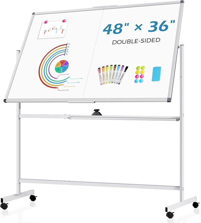 48" X 36" Large Rolling Whiteboard, 360°Rotation Magneitic White Board with Stand, Double Sides Whiteboard Easel on Wheels, Big Dry Erase Board for Office, School, Home