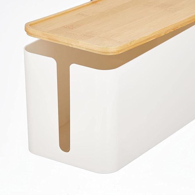 mDesign Cable Management Box - Storage Organizer for Power Strips, Cords, Surge Protectors - Hide Loose Wires in Home Office, Desks, Entertainment Centers - Large, White/Natural Bamboo Wood Lid