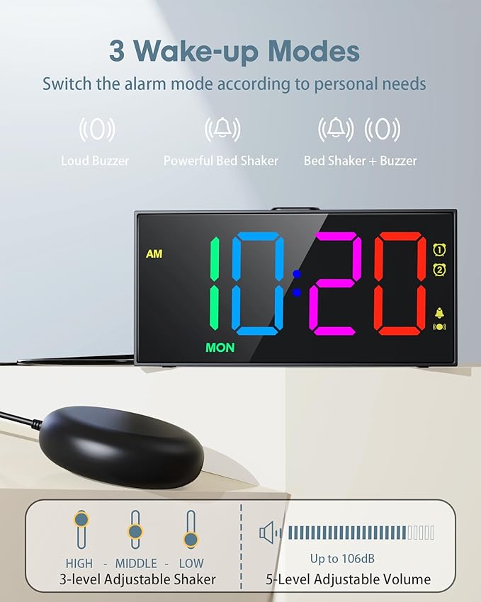 Loud Alarm Clock for Heavy Sleepers,RGB Vibrating Alarm Clock with Bed Shaker,3-level Vibrator,Dual Alarms,Weekday/Weekend,Dimmer,Volume,USB Phone Charger,Snooze,Plug in Clock with Memory Function