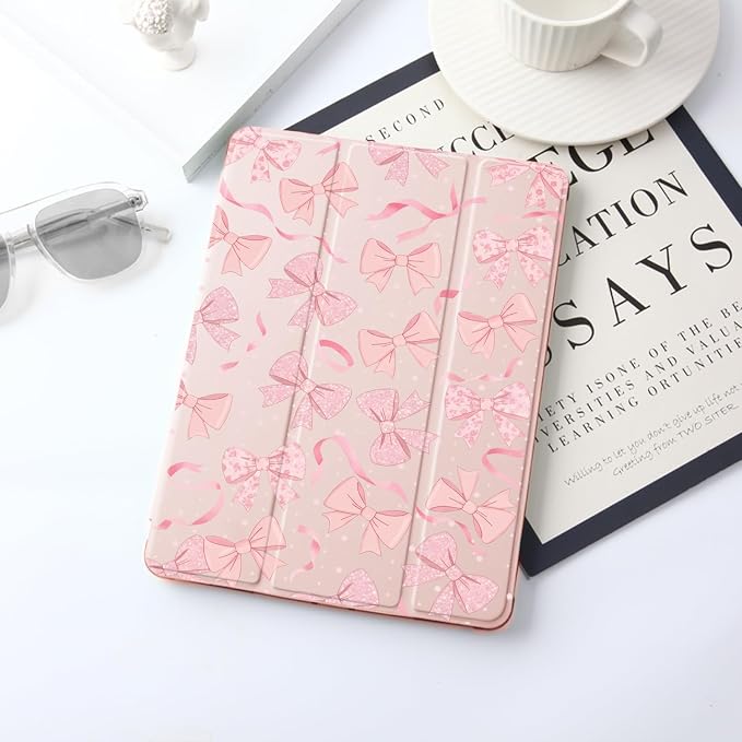 JOYLAND Pink Bow Compatible with iPad 6th/5th Generation (2018 2017 Model 9.7 Inch)iPad Air 2/Air 1 (9.7 Inch) with Pencil Holder-Trifold Stand Protective Cover with Soft TPU BackBlack