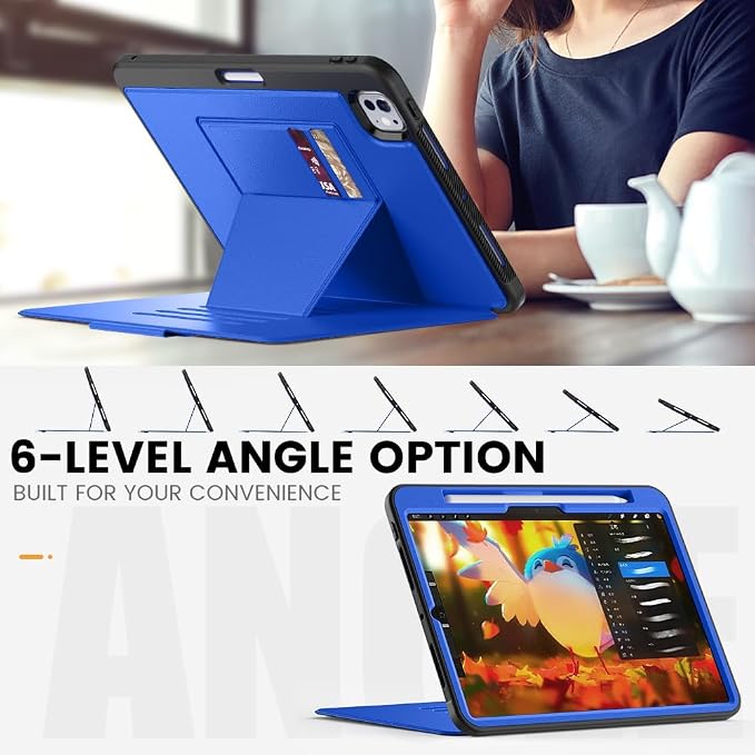 for iPad Pro 11 inch Protective Case M5 2025/M4 2024: Heavy Duty Shockproof Case with Pencil Holder - 360°Rotating Handle/Stand - Screen Protector - Shoulder Strap Black/Sky Blue