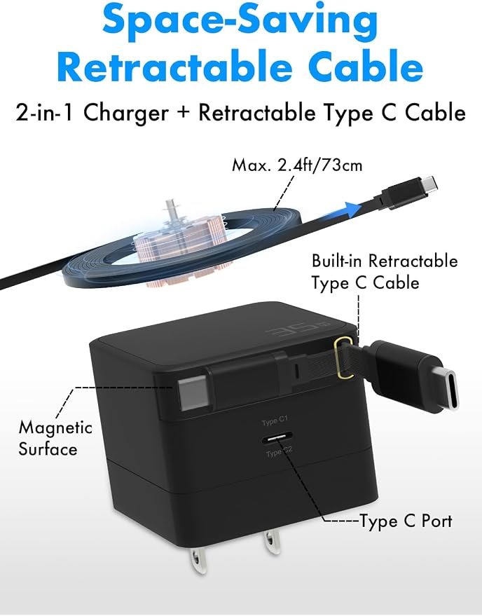USB C Retractable Charger GaN PD 35W Charger Block Black | Type C Cable Portable Wall Phone Fast Charging Adapter Foldable Plug for iPhone 17/16/15 Pro Max/iPad/Galaxy/Pixel