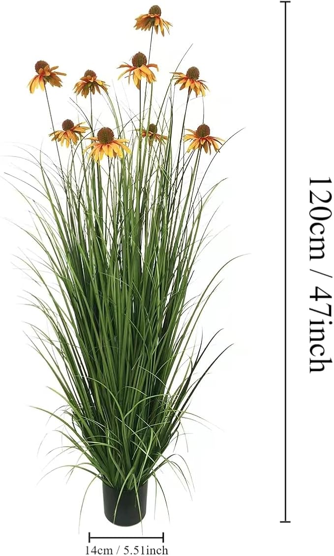 46" UV Resistant Artificial Grass Plant with 9 Realistic Yellow Echinacea Flowers - Indoor/Outdoor Fake Plants for Patio, Living Room, Porch Decor - All Weather Faux Floor Plant 2-Pack