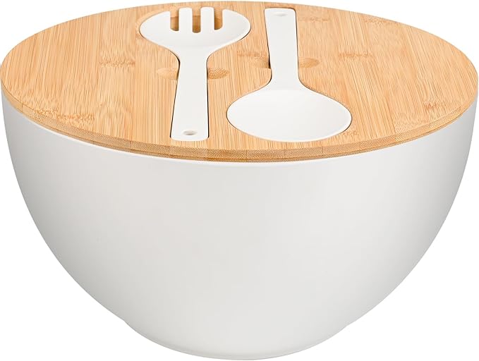 Salad Bowl with Lid, 12" Extra Large Bamboo Fiber Salad Bowl with Servers Set for Kitchen, Nature Bamboo Mixing and Serving Bowl with Lid, Spoon and Fork for Fruits,Salads and Vegetables