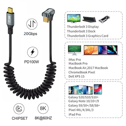 chenyang USB C to C Coiled Cable USB 3.2 Type C 90 Degree UP Angled 20Gbps PD 100W 8K@60Hz Data Fast Charging Cable 6ft