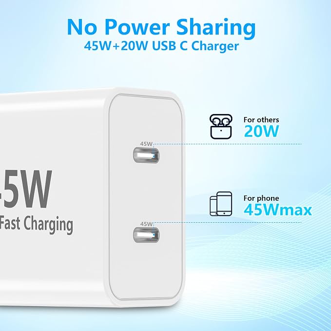 45W Dual USB-C Fast Charger 2-Pack &amp 4 Extra Long Cables for iPhone/Samsung | 4 Extra Long Type C to C Cables (3/6/10/10FT). Fits iPhone 17/16/15 Pro Max Galaxy S25/S24 Ultra iPad &amp Pixel