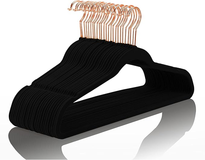 MIZGI Premium Velvet Hangers (50 Pack) Heavy Duty - Non Slip Felt Hangers - Velvet Suit Hanger Black - Rose Gold Hooks,Space Saving Clothes Hanger