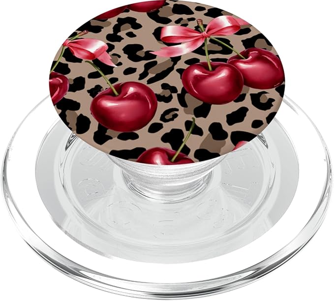 Brown Cheetah Valentine Girls Leopard Print Cherry And Bow PopSockets Adhesive PopGrip