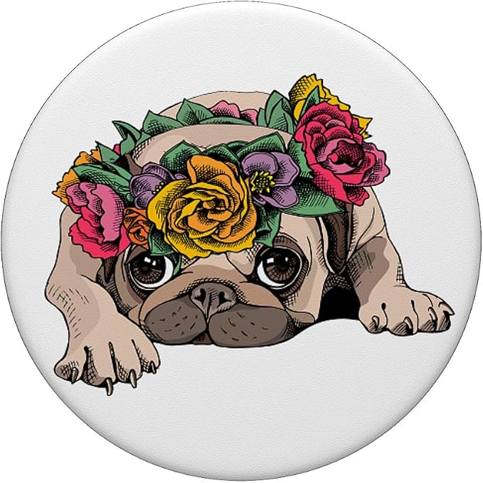 Cute Pug Pop Socket Flower Rose Floral Colorful On White PopSockets Adhesive PopGrip