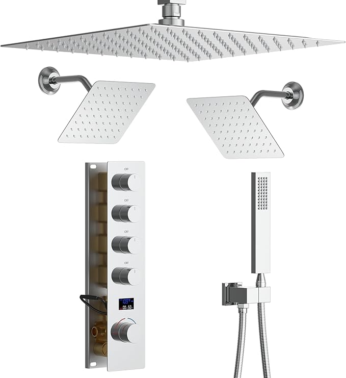 KATAIS Polished Chrome Shower System with 12 inch Ceiling Mounted Shower Head and Dual 8 inch Wall Mounted Shower Head, Digital Display Shower Faucet Set with Handheld Spray