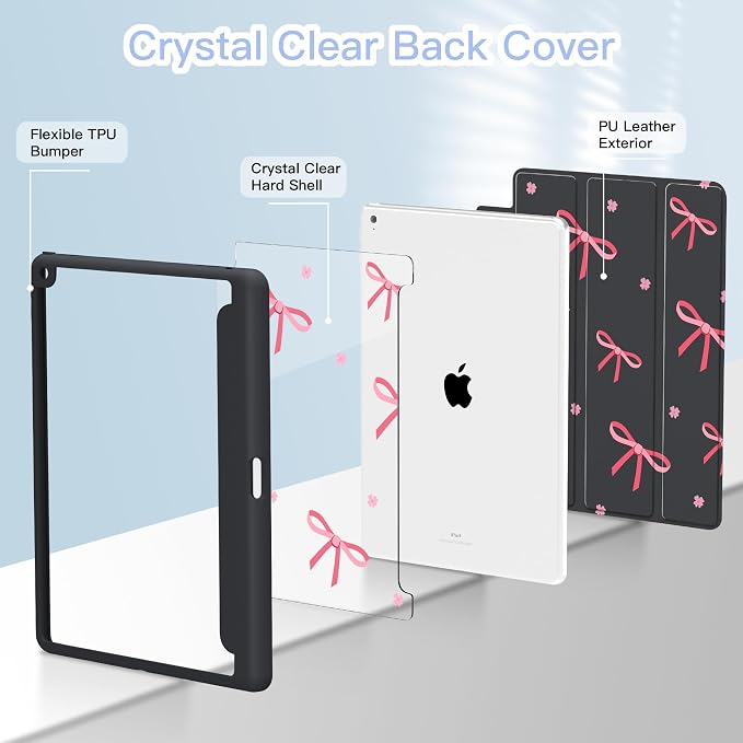 Teryeefi for iPad 10.2 case 2021 20202019 Release 7th 8th 9th Generation Built in Pencil Holder - Stand-Auto Wake/Sleep TPU &amp Hard Stand Clear Back Cover for 10.2 iPad (Black Bow)